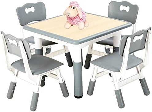 FUNLIO Kids Table and 4 Chairs Set, Height Adjustable Toddler Table and Chair Set for Ages 3-8, Easy to Wipe Arts & Crafts Table, for Classrooms/Daycares/Homes, CPC & CE Approved (5-Piece Set) - Gray