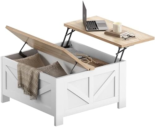 Yaheetech Farmhouse Lift Top Coffee Table with Storage, Square Coffee Table for Living Room, 31.5 Inches Center Tables with Large Hidden Storage Compartment for Home Office, White & Light Oak