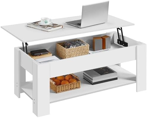 Yaheetech Lift Top Coffee Table with Hidden Compartment and Storage Shelf, Rising Tabletop Dining Table for Living Room Reception Room, 47.5in L, White