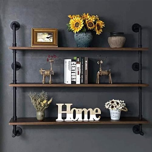 Industrial Pipe Wall Shelves Pipe Shelving with Real Wood Plank,48 Inches Floating Shelves for Wall Farmhouse Pipe Book Shelves Dark Brown 3 Tier for Kitchen,Living Room Decor and Bar Shelving