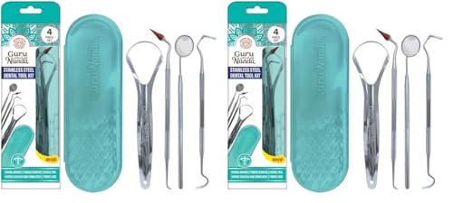 GuruNanda Professional 100% Stainless Steel Dental Kit with Tongue Scraper, Dental Mirror, Dental Scaler & Gum Stimulator - 4 Piece Dental Tools Set (Pack of 2), Silver