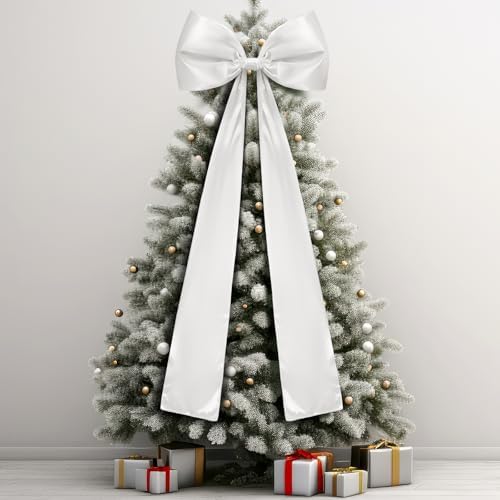 20 x 47 Inches Extra Large Christmas Satin Bows Christmas Tree Topper Decorations Giant Xmas Tree Toppers Bows for Home Wreath Wall Holiday Birthday Wedding Engagement Party Decor(White)