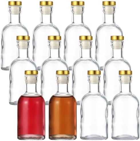 12 Pack Clear Glass Bottles 3 oz, Glass Liquor Bottles with T-Top Caps, Mini Wine Glass Bottle with Cork, 100ml Glass Container for Beer, Juice, Oil, Sauce