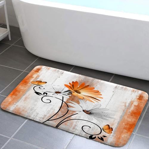 Rustic Farmhouse Bath Rug, Farm Orange Daisy Floral Flowers and Butterfly on Country Wooden Autumn Bath Mat Yellow Grey Kitchen Rug Floor Mat Soft Non Slip Runner Carpet Indoor Doormat, 16X24