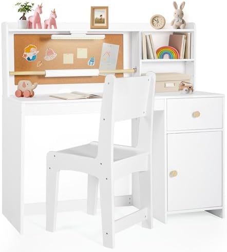 Frogprin Kids Desk and Chair Set, Kids Study Desk with Night Light Drawing Paper Roll, Hutch & Storage Cabinet, Child's Table-Student Writing Art Table Widened Desktop Computer Workstation for 5-12