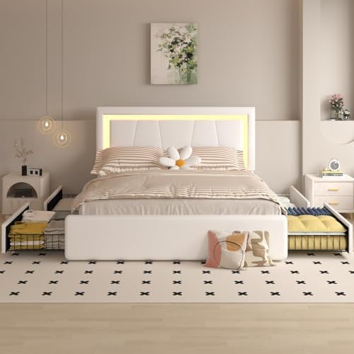 Full Bed Frame with 4 Storage Drawers and Adjustable Headboard, Upholstered Platform Bed with LED Lights and USB Ports, Solid Wooden Slats Support, No Box Spring Needed, Easy Assembly, Beige