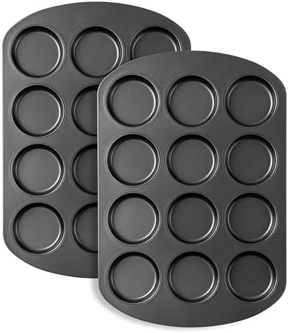 Tiawudi Muffin Top Pan, 12 Cavity Cupcake Pan, 3 Inch Nonstick Bakeware for Eggs, Cornbread, Cookies, Whoopie Pies and Yorkshire Pudding, Set of 2