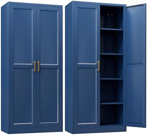 Kitchen Pantry Cabinet,71”Blue Metal Pantry Storage Cabinets with Doors and 4 Adjustable Shelves,Kitchen Cabinet with 2 Gold Handles,Tall Cabinet for Livingroom,