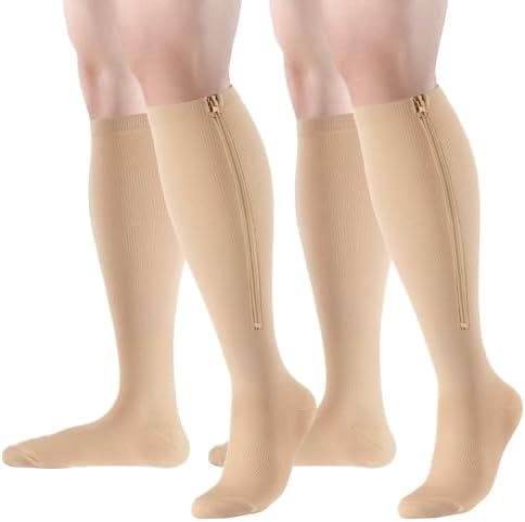 Zipper Compression Socks Close Toe 2 Pairs for Women&Men 15-20mmHg Knee High Support Socks for Running Cycling