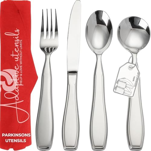 Weighted Utensils for Hand Tremors | Weighted Utensils for Tremors and Parkinsons Patients | Set 4 Piece with Universal Cuff Easy Grip & Cover | Elegant Weighted Silverware with Gift Box