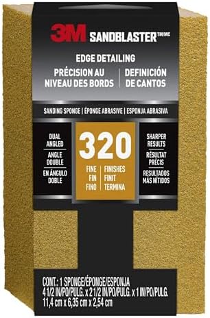 3M SandBlaster Dual Angle Bare Surfaces Sanding Sponge, 320 Grit, For Wet Or Dry Use, Professional-Grade Foam Keeps Its Shape For Lasting Use, Premium Mineral Grits For Effective Hand Sanding (9566)