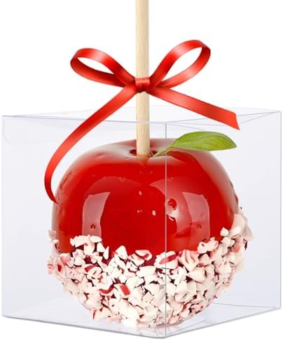 30 Pack Clear Candy Apple Boxes with Hole, 4"x 4"x 4" Transparent Favor Boxes, Food-Grade Treat Boxes for Cake Pops Caramel Apples Chocolates and Cookies Christmas