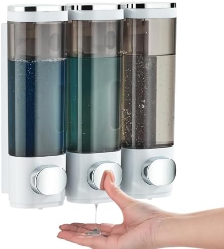 Shampoo and Conditioner Dispenser, Shower Soap Dispenser 3 Chamber No Drill Shampoo Dispenser for Shower Wall Mounted Shampoo Conditioner Body Wash Dispenser for Bathroom,Large Capacity,White