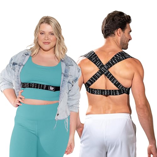 Posture Corrector for Women and Men - Made in USA - Slim and Adjustable Shoulder Brace - Back Brace for Back Pain Relief - Black Drizzle XL
