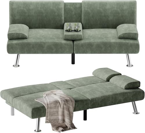 Flamaker Futon Sofa Bed Modern Folding Futon Set Convertible Recliner Lounge for Living Room with 2 Cup Holders, Removable Armrests (Corduroy, Green)