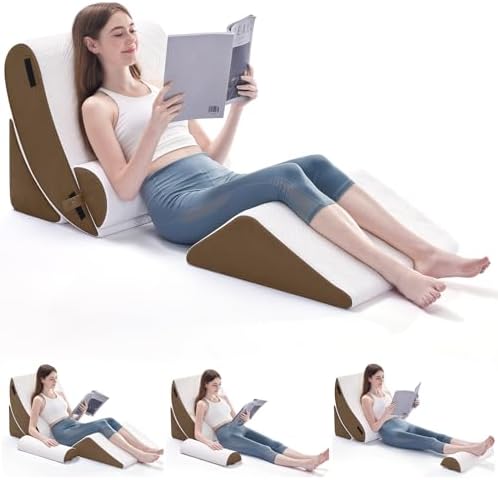 Wedge Pillow Set for After Surgery, 4 PCS Bed Wedge Pillow for Sleeping, Memory Foam Orthopedic Back Pillow for Pain Relief and Acid Reflux, Adjustable Post Surgery Pillow Brown