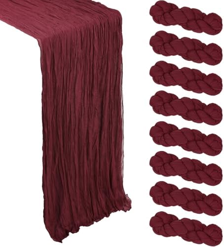 8 Pack Burgundy Cheesecloth Table Runner 10Ft Gauze Cheese Cloth Fall Table Runner 120 Inch Boho Rustic Fabric for Christmas Party Decor Baby Shower Wedding Thanksgiving Home Holiday Decorations