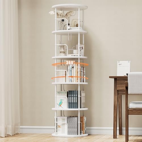 5 Tier Rotating Bookshelf, 360 Â° Display Stackable Spinning Bookshelf Tower, Corner Bookshelf Tall Floor Standing Swivel Bookcase Narrow Storage Organizer for Bedroom, Living Room, White