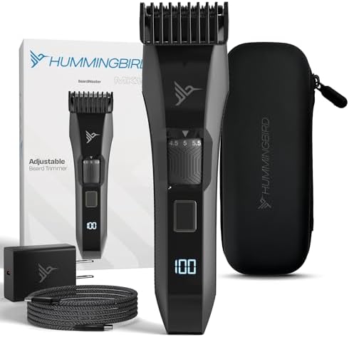 HUMMINGBIRD MK14 BeardMaster – Premium Beard Trimmer for Men, Precision Dial, Adjustable 20 Length Settings, Stainless Steel T-Blade, Cordless USB-C Rechargeable, Waterproof, LED Display, Travel Case