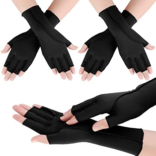 Janmercy 3 Pairs Arthritis Compression Gloves Women Men for Carpal Tunnel Pain Relief, Seams Fingerless Gloves for Tendonitis(Normal,Black)