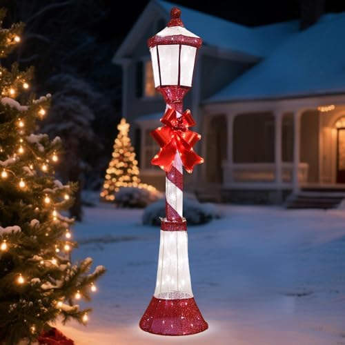 60-Inch Outdoor Christmas Decorations Outdoor Lighted Lamp Post 3D Lamppost LED Lighted Post Christmas Decoration with 128 LED Lights & Bow Holiday Decorations for Yard, Porch, Patio