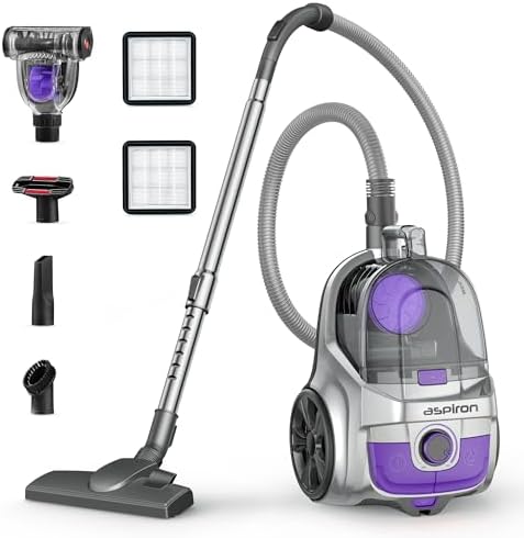 Aspiron Canister Vacuum, Upgraded 1600W Bagless Canister Vacuum Cleaner, Auto Cord Rewind, H13 HEPA Filter, 3.7Qt Large Capacity, 5 Tools for Hard Floors, Carpet, Pet, Upholstery, Tiles, Car, Lavender