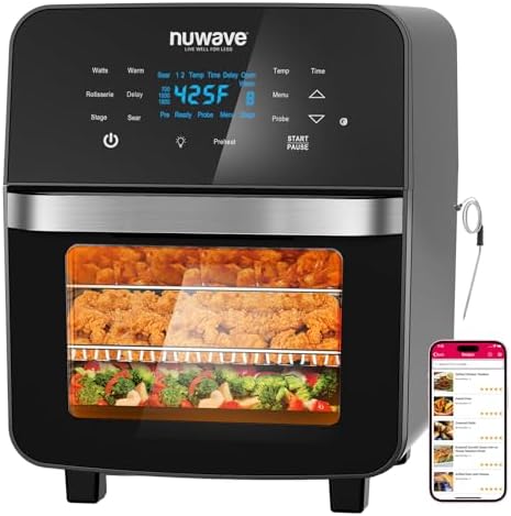 Nuwave Brio 15.5Qt 10-IN-1 Air Fryer Rotisserie Oven, XL Family Size, Even & Crisp AirFry, Reheat, Roast, Dehydrate for Quick Meals, 50Â°-425Â°F Control, 100 Presets & 50 Memory, Dishwasher-Safe, 1800W