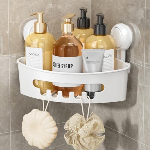 LEVERLOC Corner Shower Caddy Suction Cup, Shower Caddy Basket Powerful Suction Bathroom, Waterproof & Rustproof Organizer for Bathroom Storage, No-Drilling Removable (White)