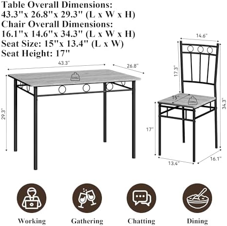 5 Piece Dining Table Set, Modern Metal&Wood Kitchen Dinner Table with 4 Chairs, Dining Room Table Sets for Small Spaces, Gray