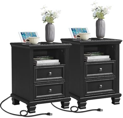 Farmhouse Nightstand Set of 2 with Charging Station, Rustic Black Nightstand,2 Drawers End Table for Living Room,Bedside Table with Open Shelf for Bed Room,Black