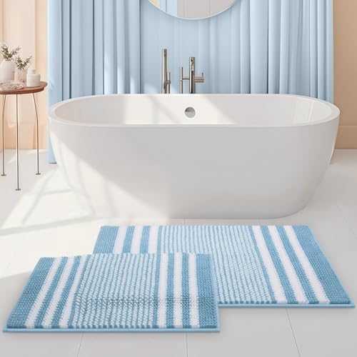Tindbea Bathroom Rugs Set 2 Piece, Extra Soft and Absorbent Fluffy Striped Chenille Bath Mat Rug Set, Non Slip Bathroom Floor Mat, Machine Washable (20" x 32" Plus 16" x 24", Blue)