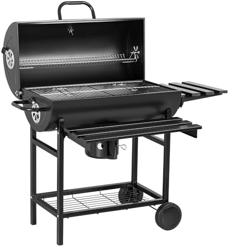 Flamaker Charcoal Grill Barrel style BBQ Charcoal Grills with Three Item Racks Thermometer Double-Layer Chrome-Plated Iron Baking Pan Ash Catcher for Camping Outdoor BBQ