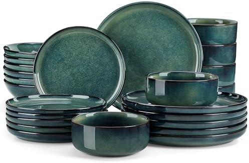 vancasso Starry Plates and Bowls Sets for 6, 24 Pieces Dinnerware Sets, Green Reactive Glaze Dishes Sets for Kitchen, Scratch Resistant Stoneware Dishes Set, Dishwasher and Microwave Safe