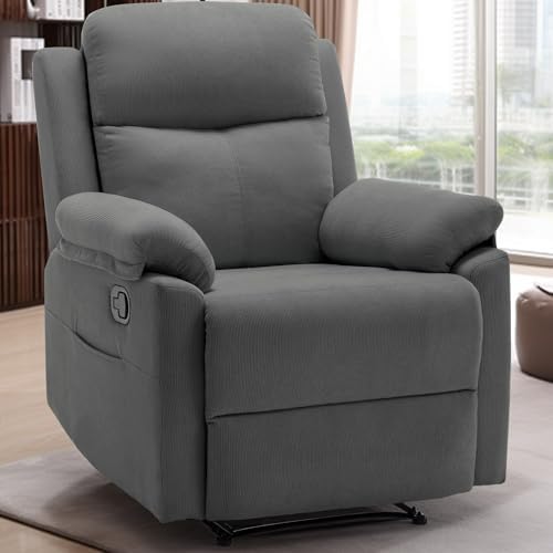 Recliner Chair, Small Recliners for Small Spaces, Upholstered Manual Recliner with Side Pockets, Comfy Corduroy Chairs for Living Room, Bedroom, Reading, Grey