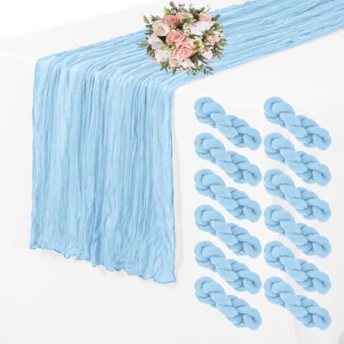 12 Pack Cheesecloth Table Runner 35 x 70 inch Long Boho Cheese Cloth Gauze Table Runners Semi Sheer Table Runner for Wedding Decor, Bridal Shower, Birthday Party (Light Blue)