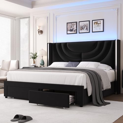 HITHOS King Upholstered LED Bed Frame with 2 Storage Drawers, Velvet Platform Bed with Wingback Headboard, Solid Wooden Slats Support, No Box Spring Needed, Headboard Splicing Design