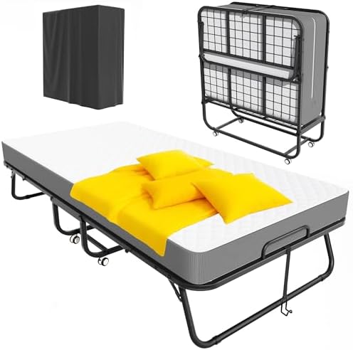 Pataku Folding Bed with Mattress, Folded Up Bed, Roll Away Beds for Adults, 75" x 38" Portable Roll Away Guest Beds with 5" Mattress, Foldabled Frame for Guest Room, Small Apartment