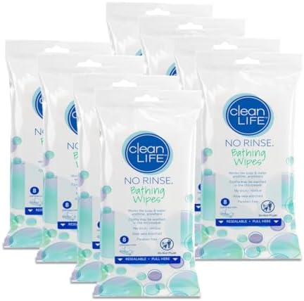 No-Rinse Bathing Wipes by Cleanlife Products (8 Pack), Premoistened and Alo Vera Enriched for Maximum Cleansing and Deodorizing - Microwaveable, Hypoallergenic, Rinse-Free and Latex-Free (8 Wipes)