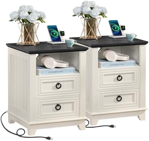 18" Farmhouse Night Stands Set of 2 with Charging Station, 2 Drawers End Table Dresser for Bedroomï¼Œ Wooden Nightstand, Bed Side Table with Open Shelf, Bedside Cabinet for Living Roomï¼ˆWhiteï¼‰
