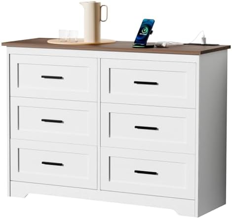 Farmhouse Dresser for Bedroom 6 Drawers Dresser with Power Outlets Rustic Chest of Drawers with Natural Texture White Organizer for Living Room Hallway