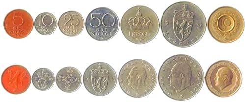 7 Coins from Norway | Norwegian Coin Set Collection 5 10 25 50 Ore 1 5 10 Kroner | Circulated 1973-1991 | King Olav V