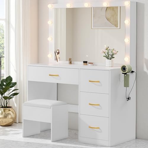 DWVO LED Makeup Vanity Table with 3 Light Modes, 4 Storage Drawers, Built-in Power Outlets & Hairdryer Holder, Dressing Table with Cushioned Stool