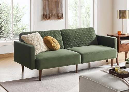 mopio 76.8" Futon Sofa Bed, Small Couch, Sleeper, Loveseat, Mid Century Modern Futon Couch, Sofa Cama, Couches for Living Room (Olive Green Premium Velvet)