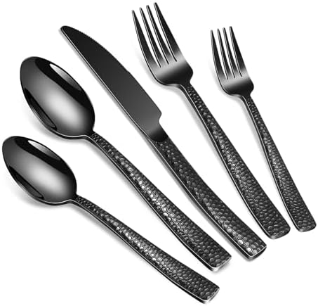 40-Piece Silverware Set, Black Hammered Stainless Steel Flatware Sets for 8, Food-Grade Tableware Set, Including Fork Knife Spoon Set, Durable Home Kitchen Cutlery Sets, Dishwasher Safe