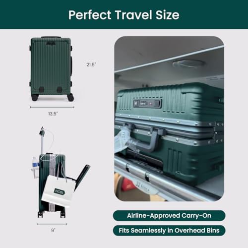 Nobl Travel Zipperless Carry On Suitcase - Noble Travel Suitcase Unbreakable Carry On Luggage 22x14x9 Airline Approved - Polycarbonate Shell, Aluminum Frame, Dual TSA Locks, 360° Spinner Wheels- Green