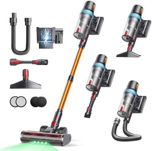 Cordless Vacuum Cleaner, Upgraded 600W 50Kpa 65Mins Vacuum Cleaners for Home, LED Touch Screen Stick Vacuum with Rechargeable Wall Mount & 3.3Ft Extendable Hose for Carpets/Pet Hair/All Floor
