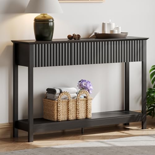 Treocho 47" Fluted Console Table with 3 Drawers, Narrow Long Entryway Table with Storage and Shelf, 2-Tier Sofa Table Behind Couch Accent Tables for Entrance Foyer, Hallway, Living Room, Black