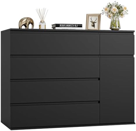 FOTOSOK 5 Drawer Dresser, Black Dresser for TV Stand, Double Wide Storage Chest of Drawers with Door, Deep Drawers and Wide Storage Space