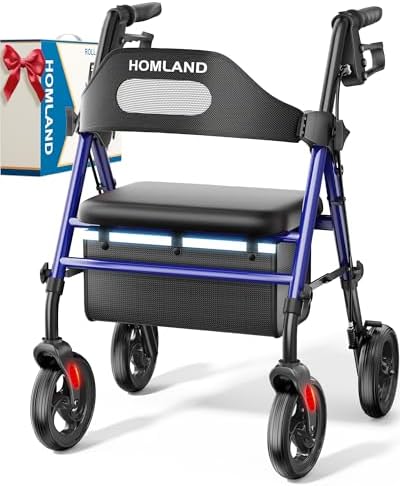 Foldable Rollator Walkers with Seat for Seniors, 8'' Big Wheels, 350 lb. Weight Capacity, Adjustable Handles and Seat Height, Lightweight Rolling Walker, Blue