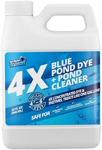32oz 4X Blue Pond Dye + Pond Cleaner, Blue Dye for Ponds and Lakes, 2-in-1 Lake Colorant + Enzymes, Makes Murky Water Clean & Beautiful, Keeps The Water Cool, Clear, and Ideal for Fish & Wildlife